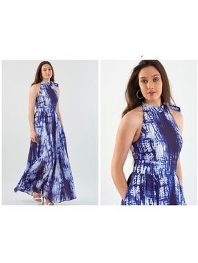 eShakti Women's Plus Size Blue and White Tie-Dye Halter Neck Maxi Dress 2X-22W